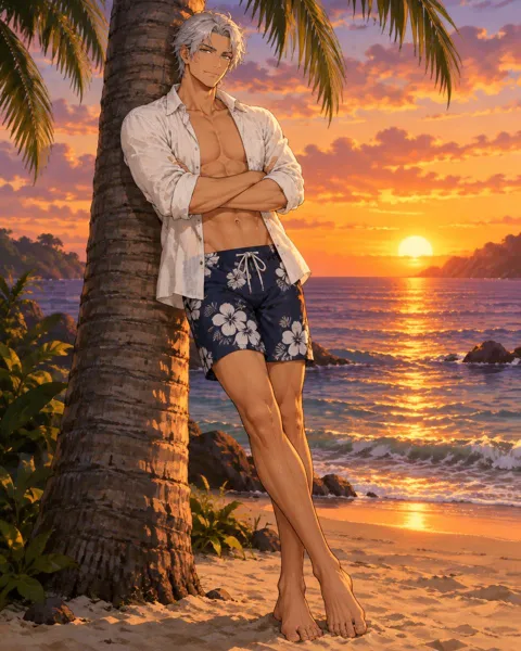 Corvane, an adult anime companion leaning against a palm tree with crossed arms at sunset