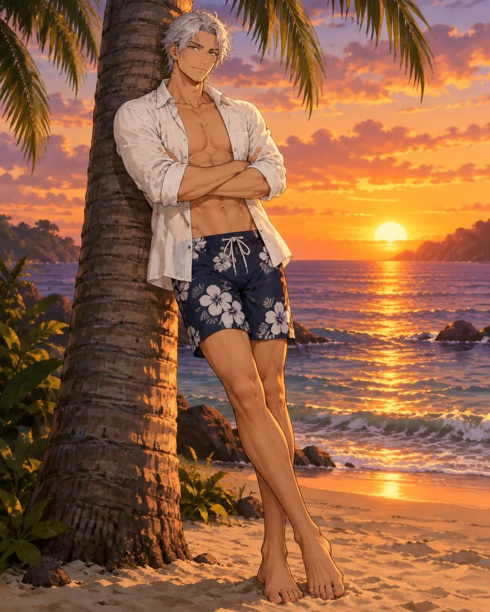 Corvane, an adult anime companion leaning against a palm tree with crossed arms at sunset