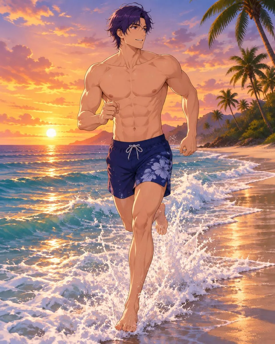 Dariovel, an adult anime companion running along the shoreline through splashing waves at sunset