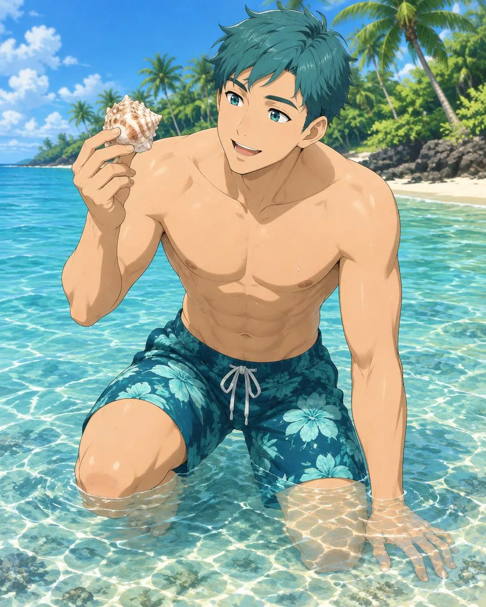 Elumir, an adult anime companion kneeling in the shallow water holding up a seashell