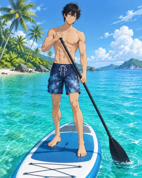 Kaelor, an adult anime companion standing on a paddleboard with a paddle in the turquoise bay
