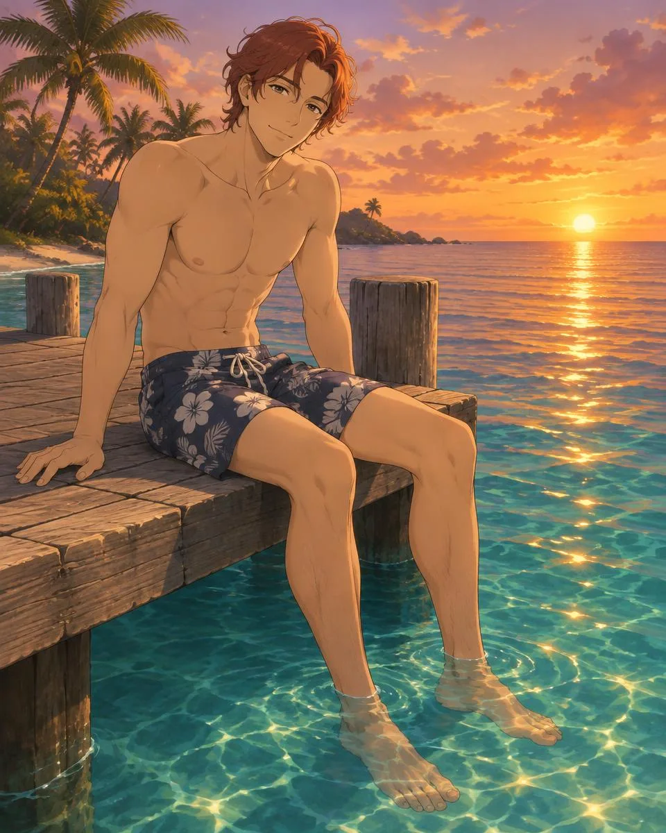 Ravenor, an adult anime companion sitting on the edge of a wooden pier with his feet in the water at sunset