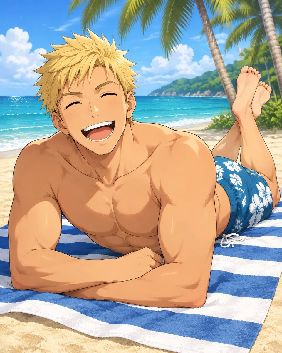 Tobrien, an adult anime companion lying on a striped beach towel and laughing
